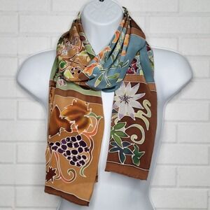 Cynthia MacCollum Vintage 90s Handpainted Silk Scarf Botanical Grapes Pumpkin